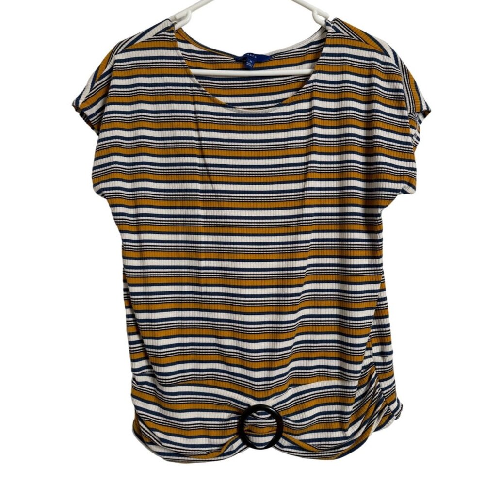APT 9 Striped Short Sleeve Top Size Medium Ribbed Shirt Blue Orange